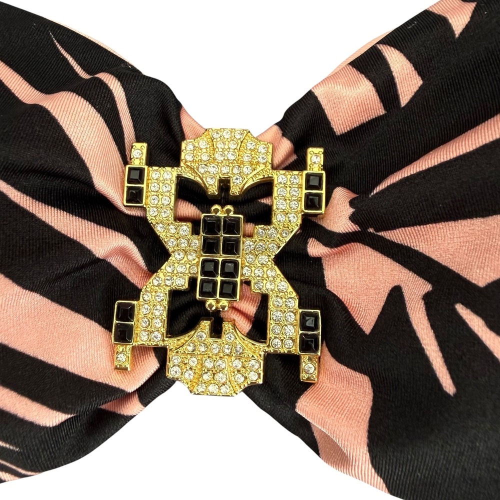 Victorias Secret Bikini Pink Black Palm Bandeau Rhinestone Gold Low Rise S Top M - Picture 3 of 11